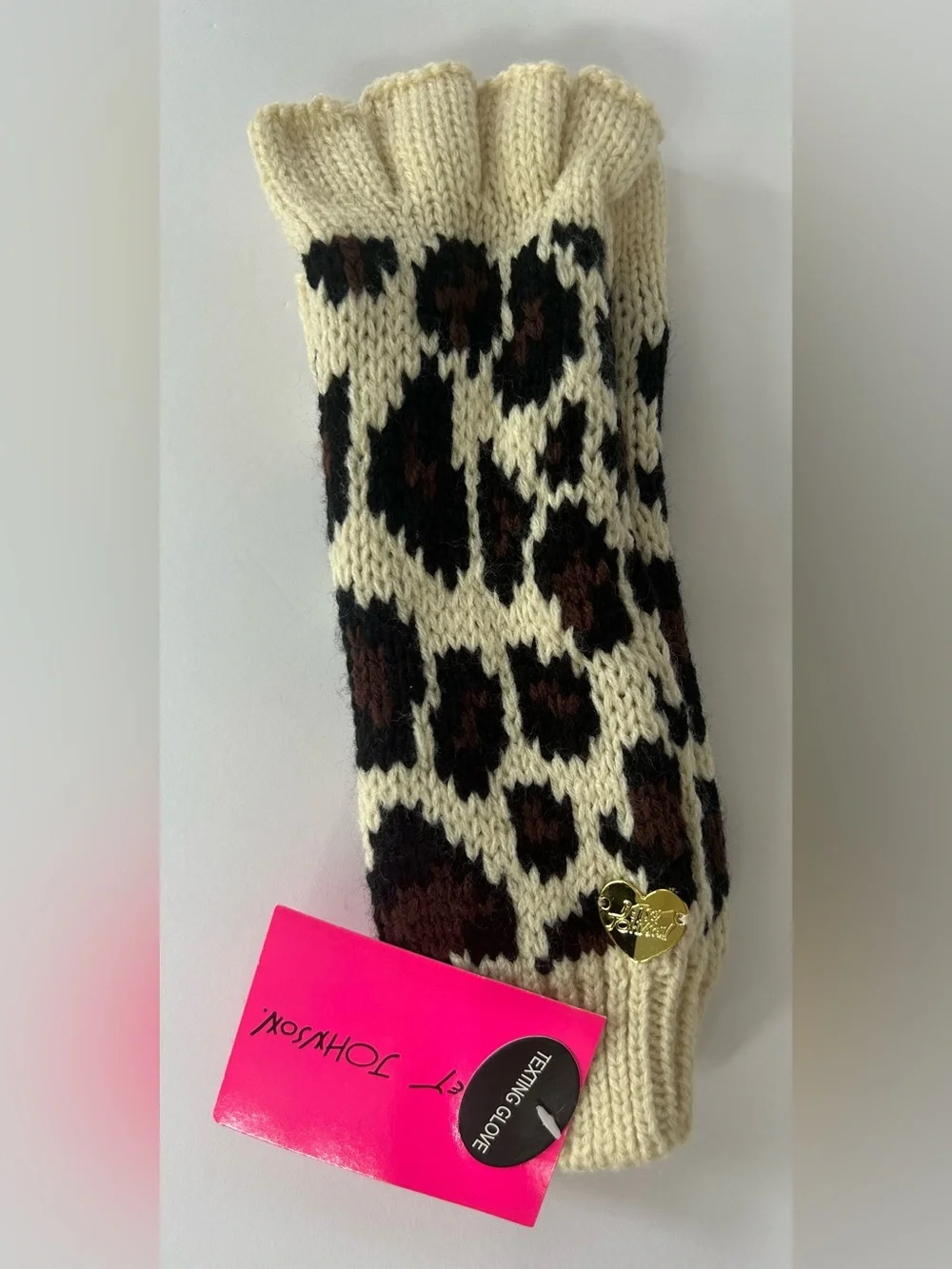 Betsey Johnson Cream Leopard Print Fingerless Gloves